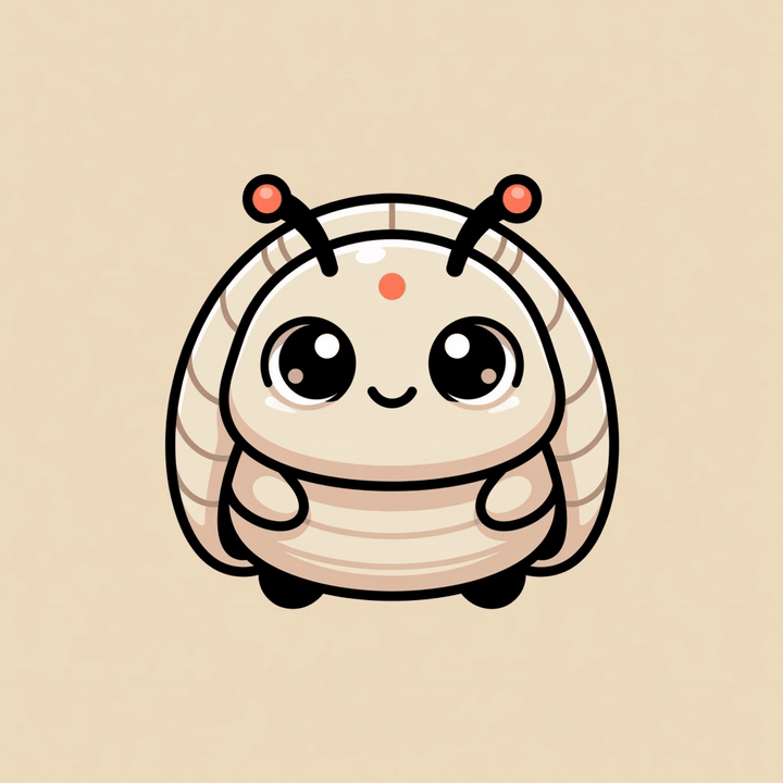 Pip, a small ivory pillbug with a coral period on the shell